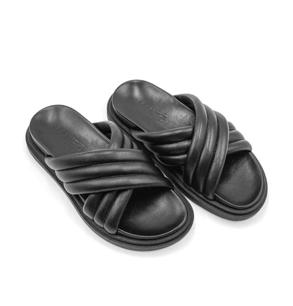 Maneo Anna Black Leather Sandal Slip On Slide Flat Open Toe Criss Cross 38 7.5